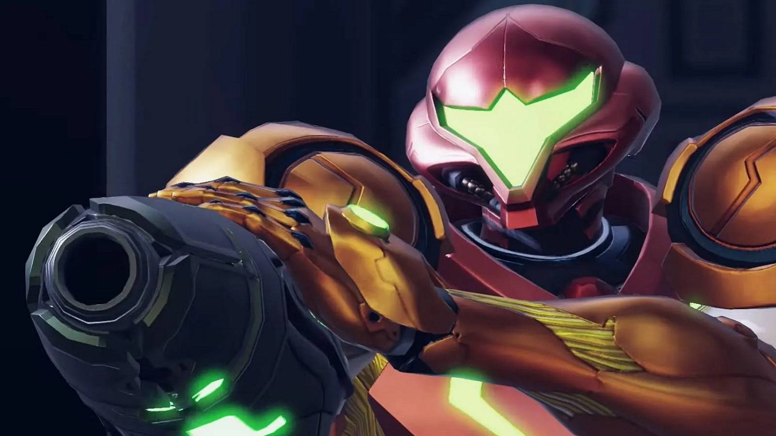 An image from Metroid Dread showing Samus Aran in her orange suit pointing her arm cannon towards the camera.