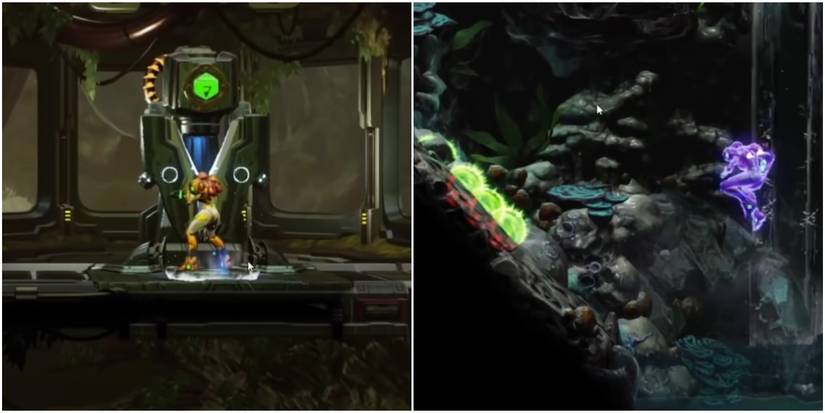 metroid dread green teleportal into burenia and samus using shinespark in the air