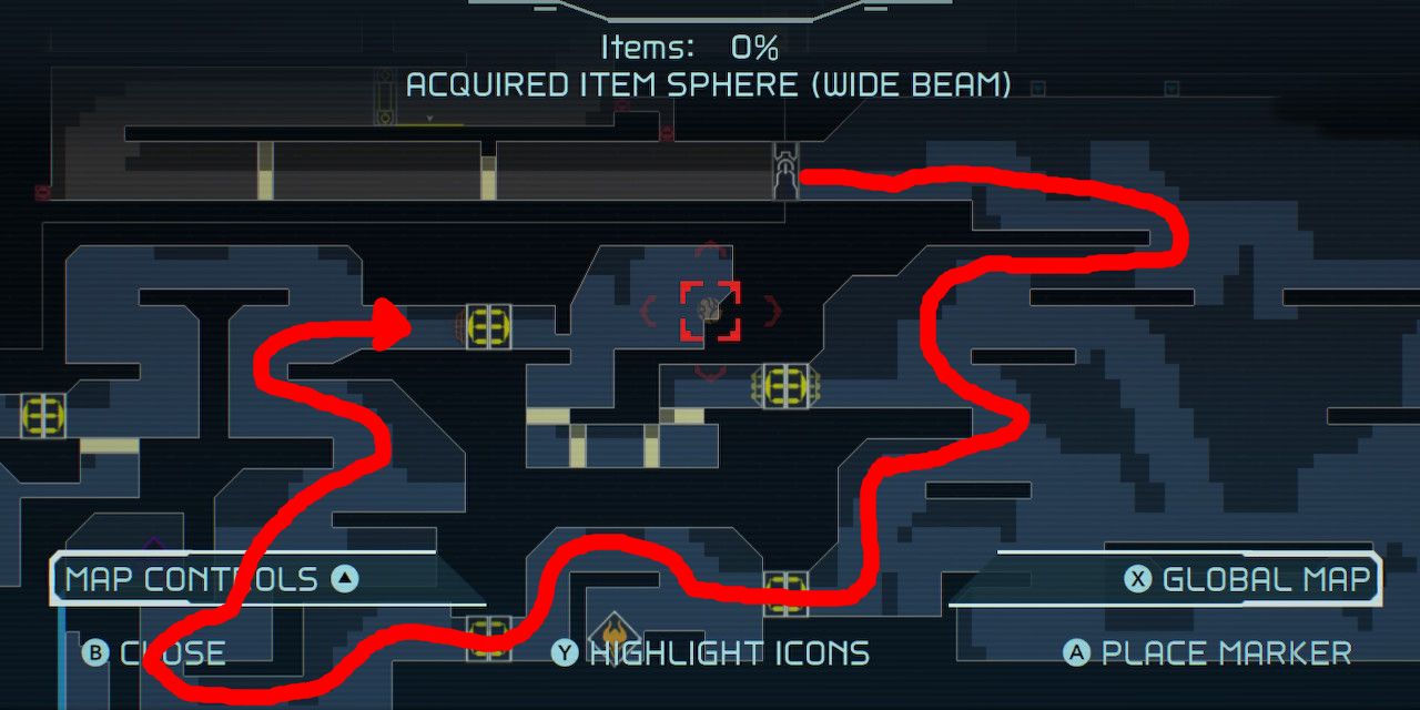 metroid dread map showing how to get the wide beam in dairon 2