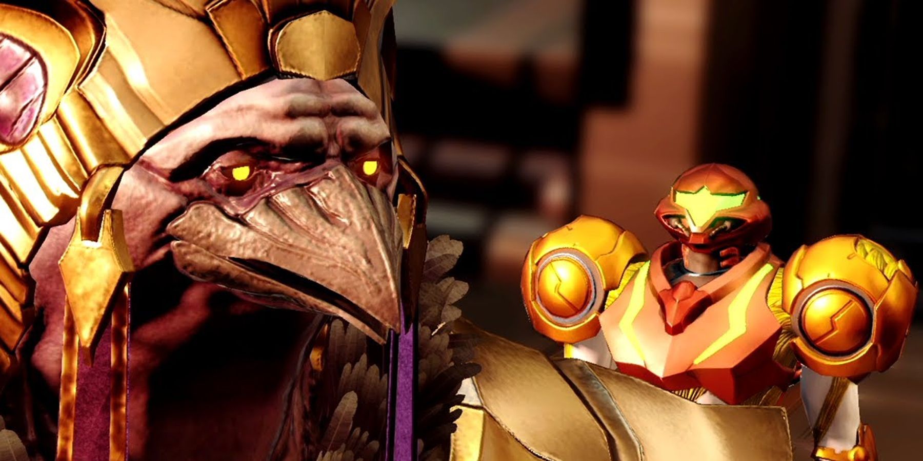 Chozo Quiet Bird addresses Samus over his shoulder in Metroid Dread.