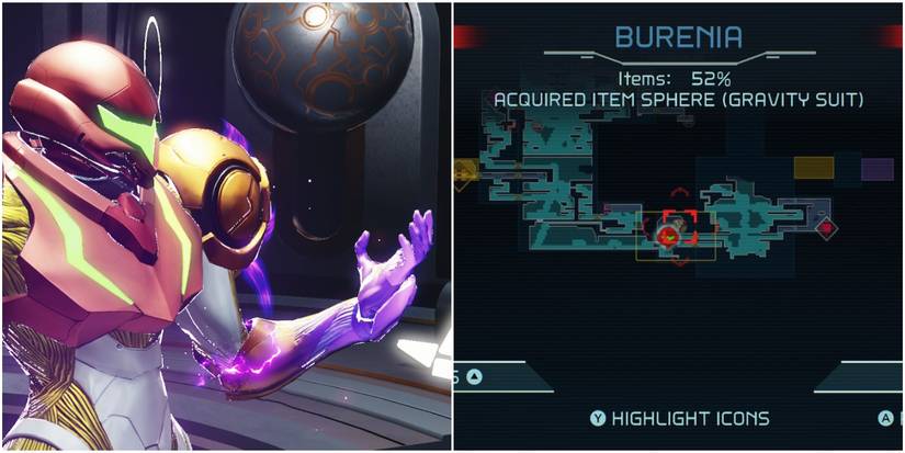metroid dread samus unlocking the gravity suit cutscene and gravity suit location on burenia map