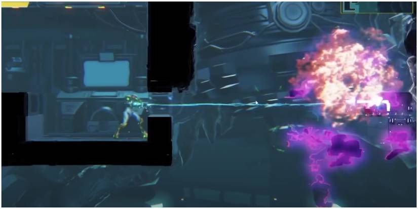 metroid dread samus using grapple beam to drop the machinery to open the path to the gravity suit in burenia