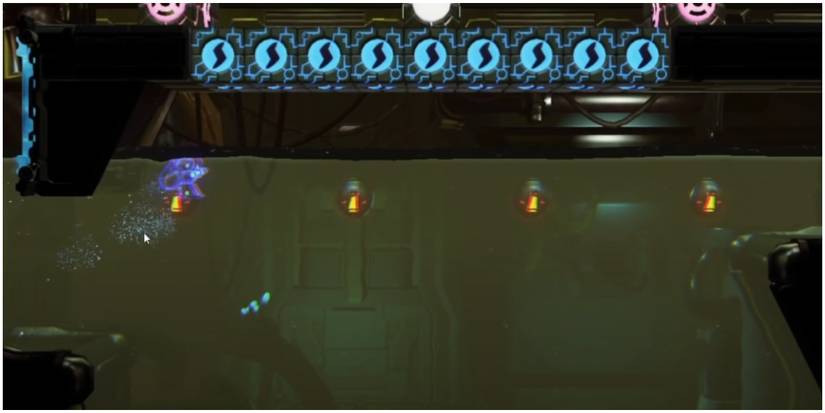 metroid dread samus using shinespark to jump across water without space jump