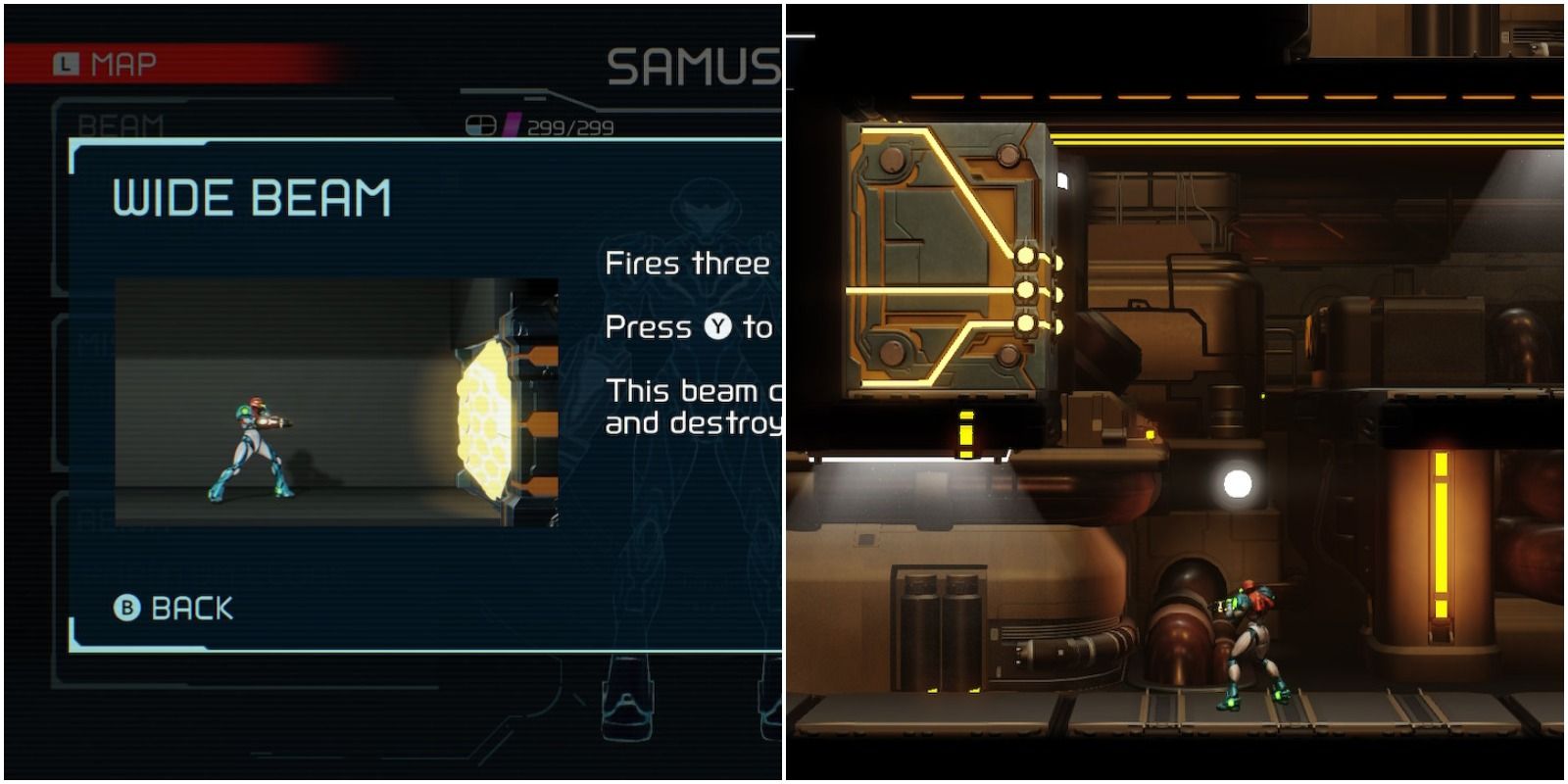metroid dread wide beam tutorial and wide beam block after being moved by samus