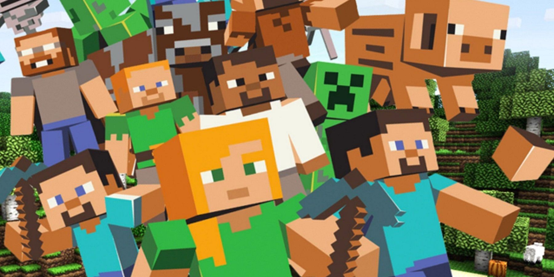 Изображение, показывающее группу персонажей Minecraft, включая Стива, крипера и свинью.