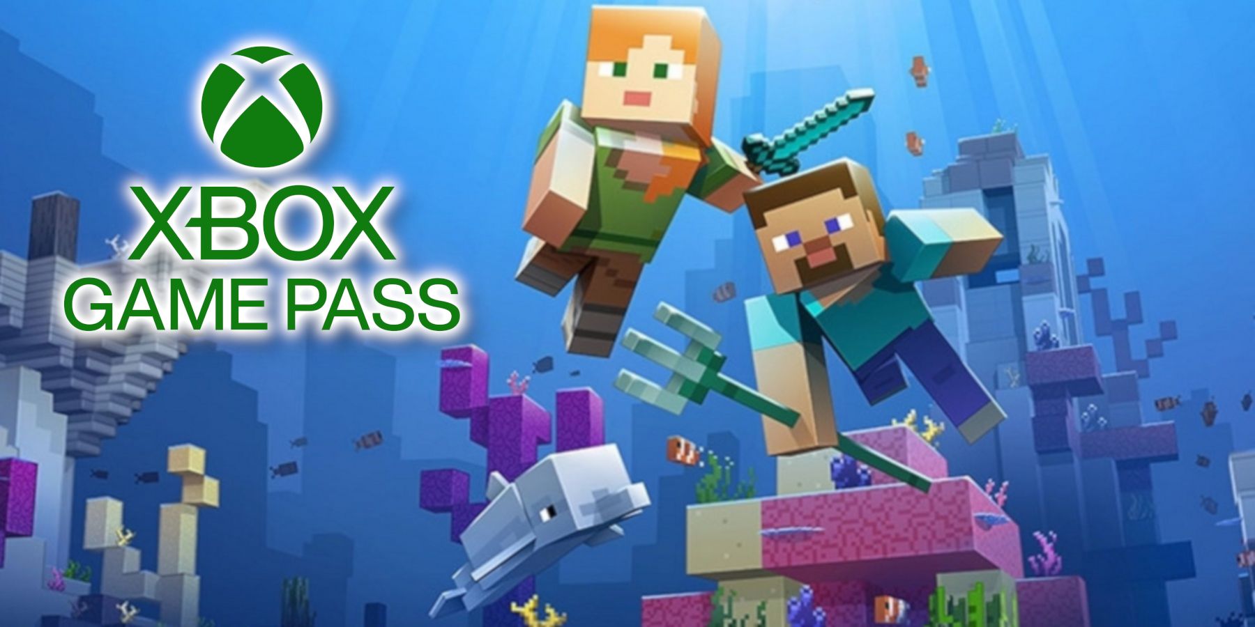 An image from Minecraft showing two characters under water with the Xbox Game Pass logo in one corner.