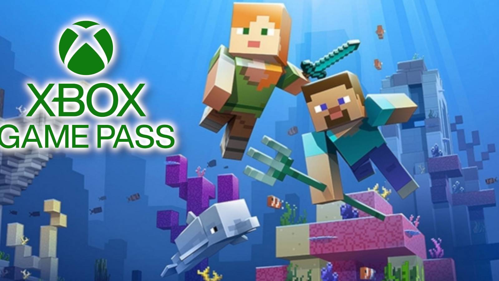 An image from Minecraft showing two characters under water with the Xbox Game Pass logo in one corner.