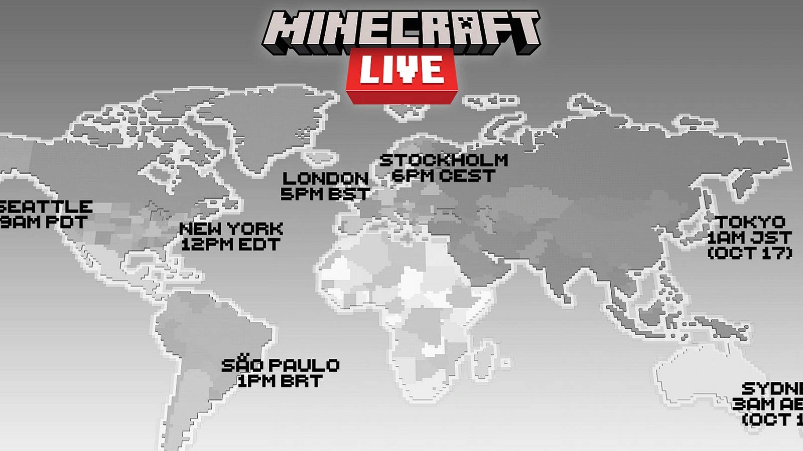 A pixelated map of the world showing the words Minecraft Live at the top.