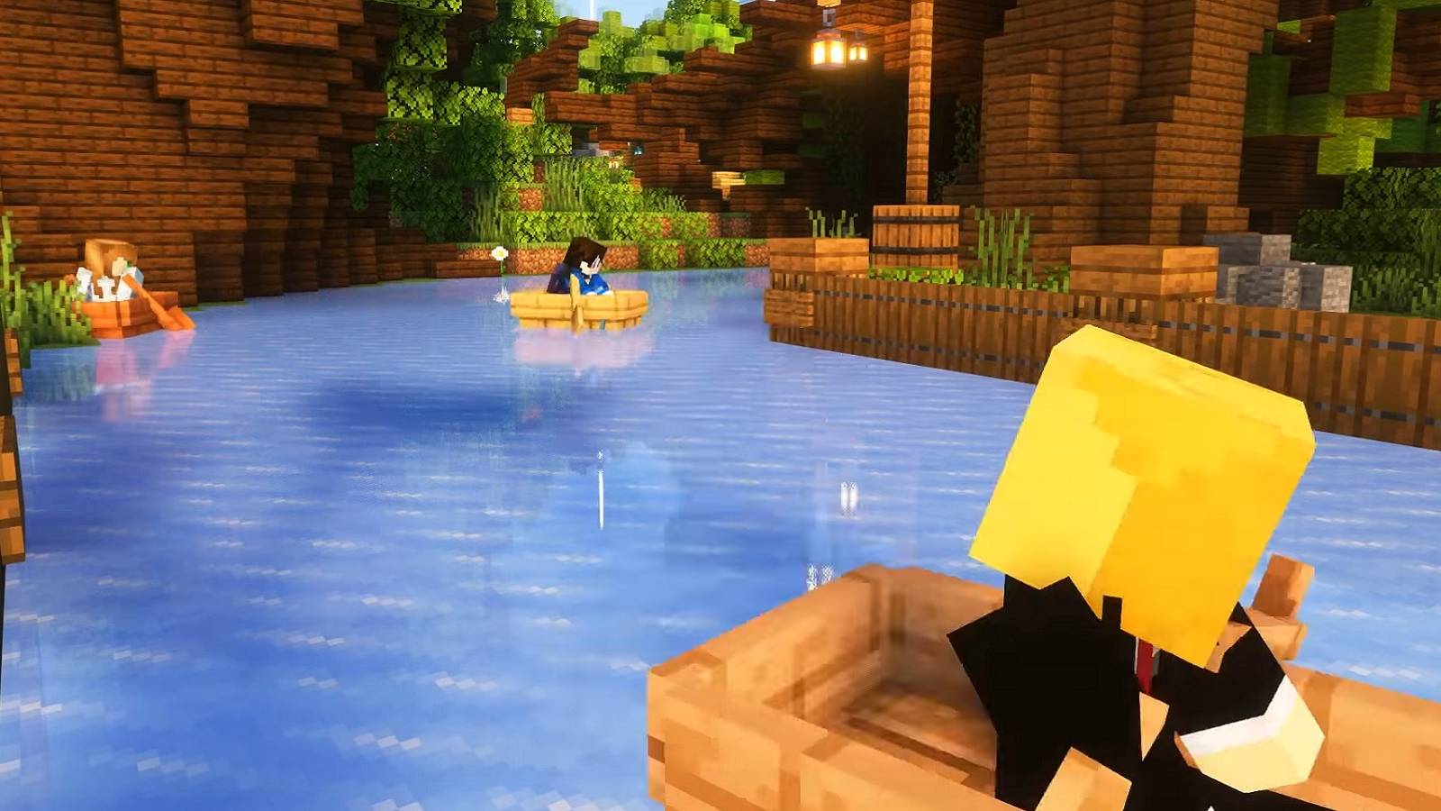 An image from Minecraft showing a few players racing around a river track in boats.