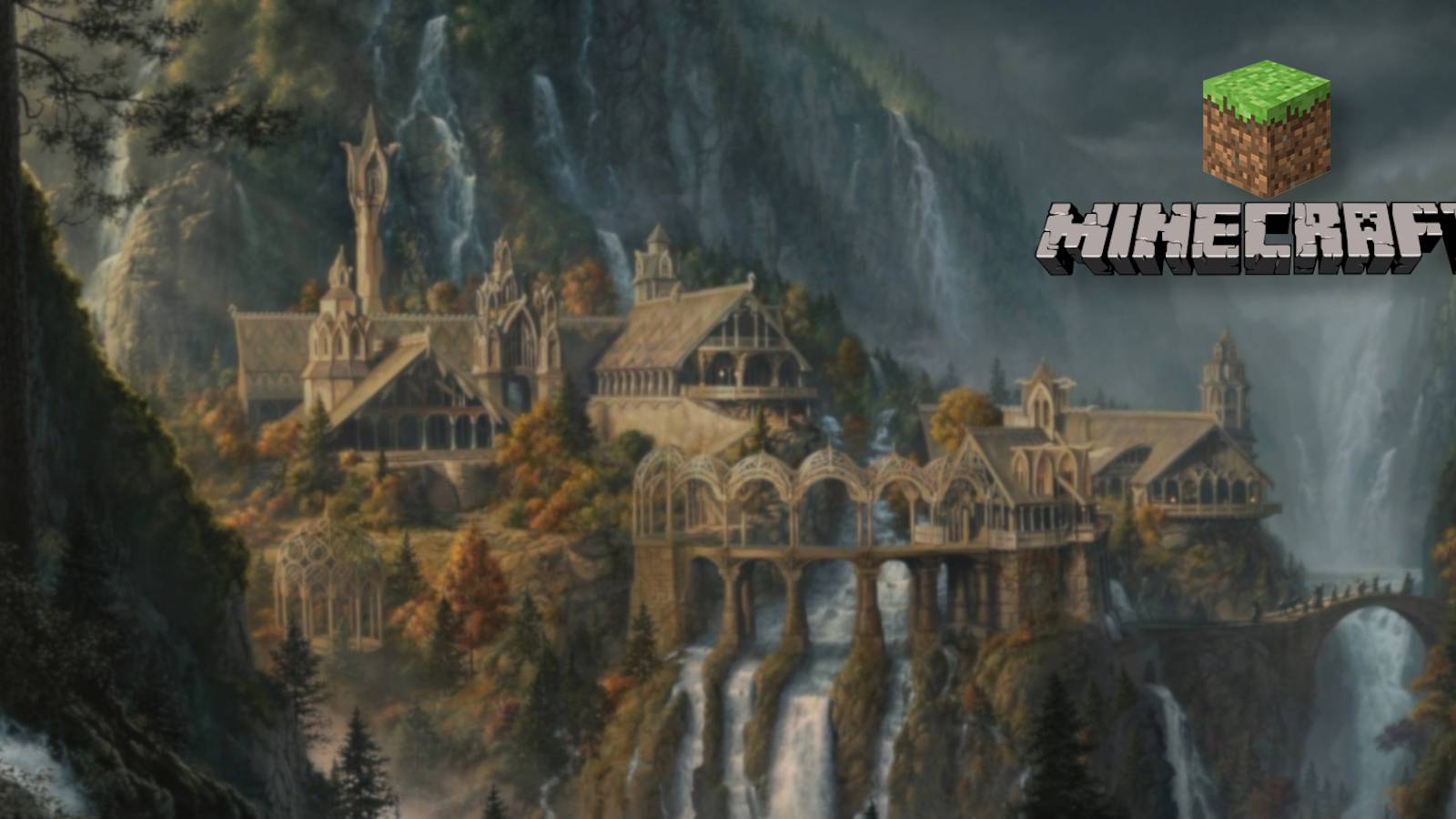 An image of the Elven town of Rivendell from Lord of the Rings with the Minecraft logo in the corner.
