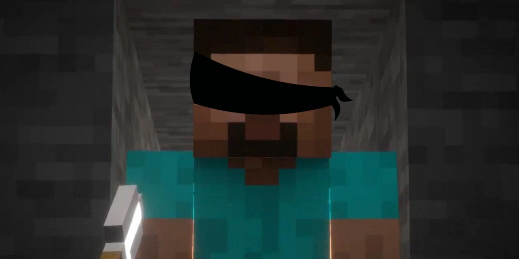 Screenshot from Minecraft showing a close up of Steve wearing a black blindfold.