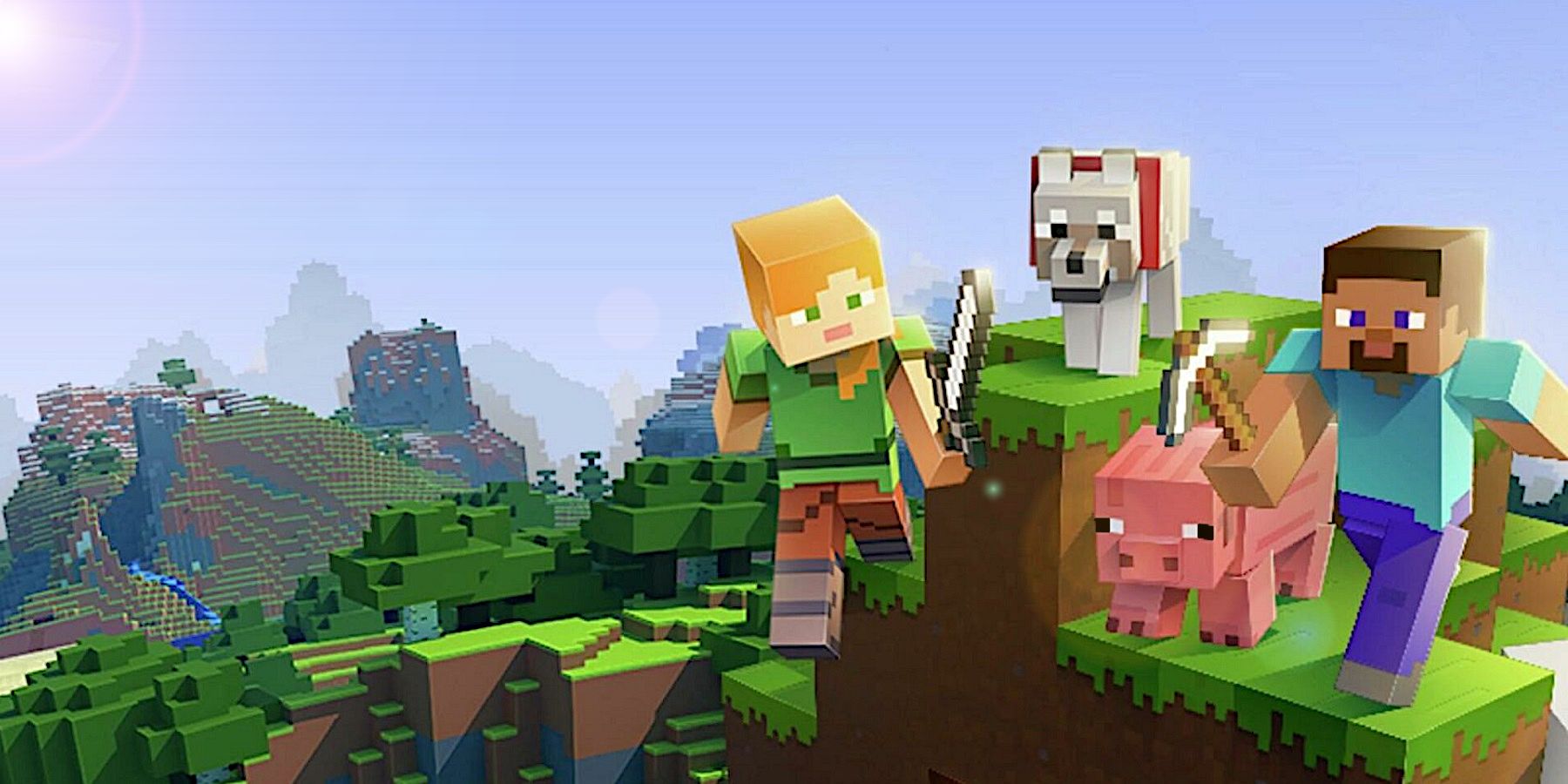 Image from Minecraft showing Steve and other characters on top of a green hill.