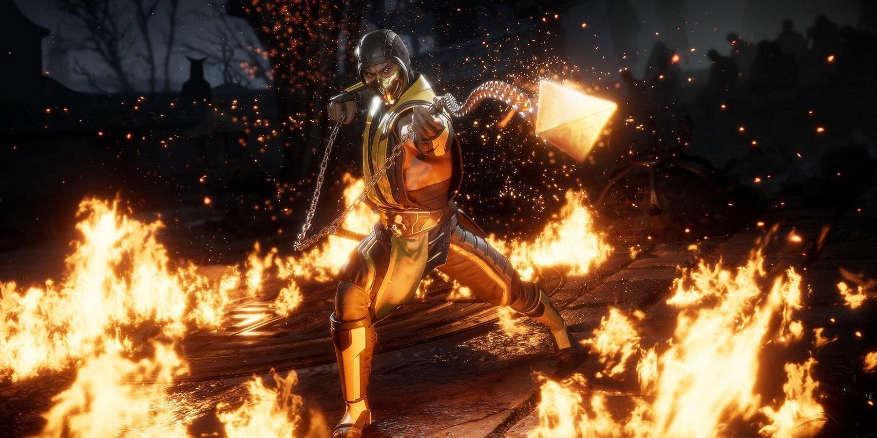 Image from Mortal Kombat showing Scorpion throwing his signature spear while standing near fire.