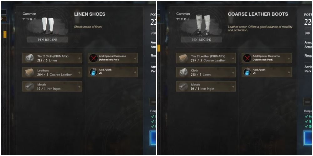 new world light and medium armor in crafting menu