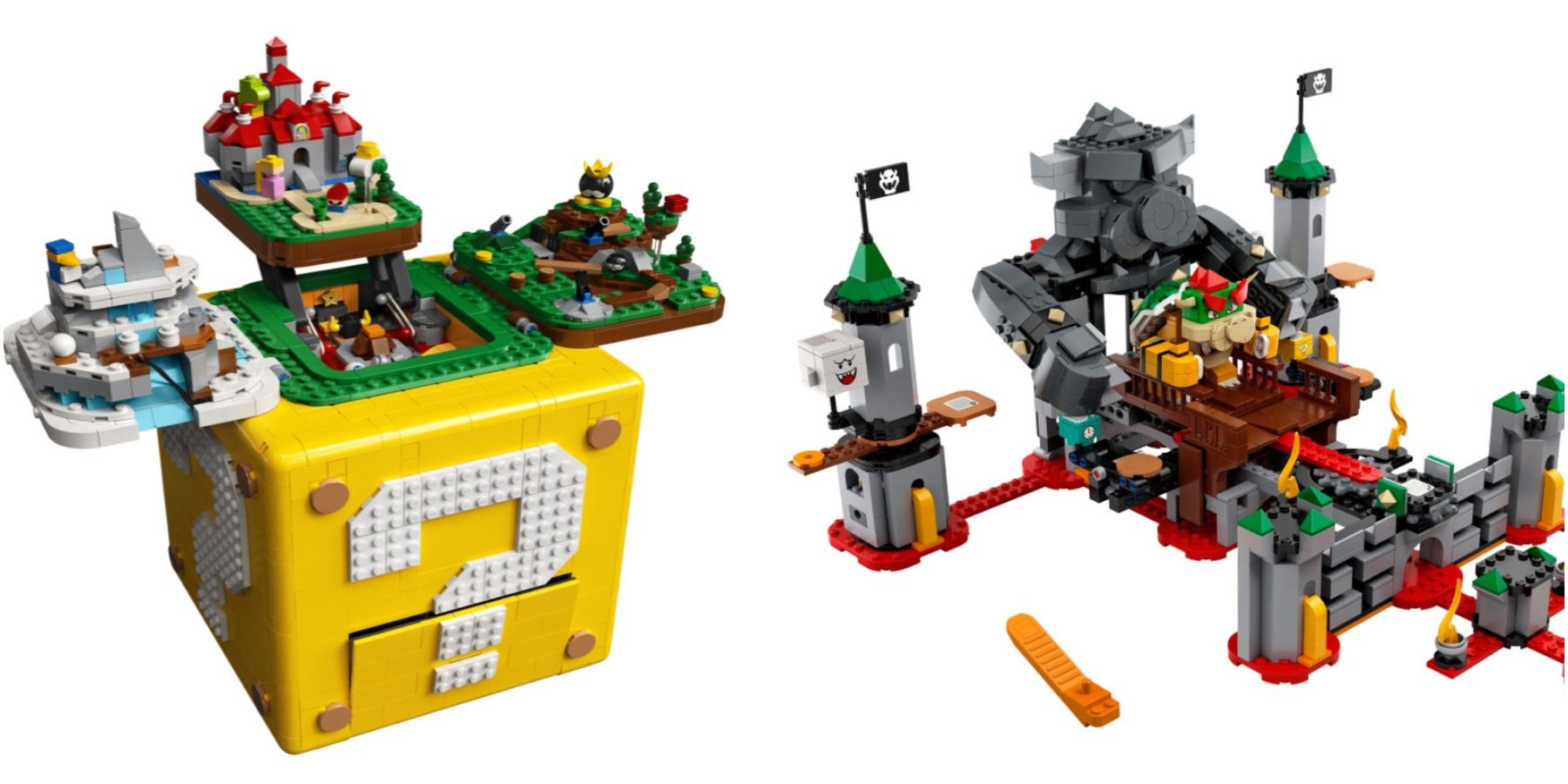 (Left) Lego question mark block (Right) Lego Bowser's castle