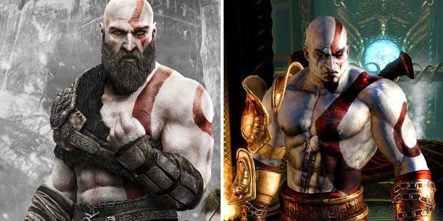 a side by side comparison of Old Kratos vs Young Kratos