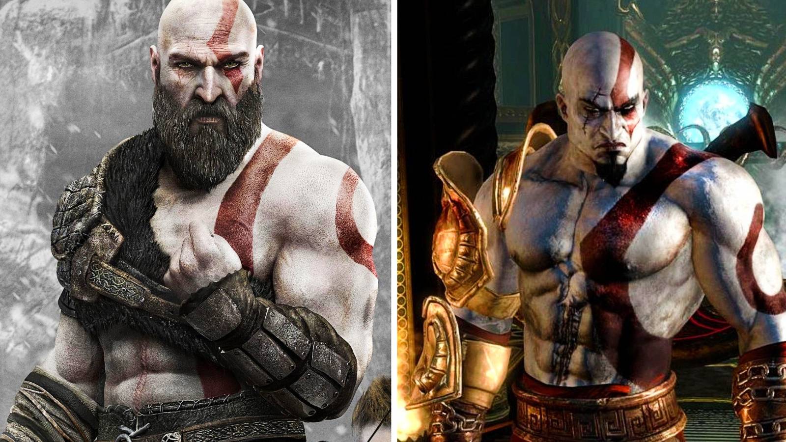 a side by side comparison of Old Kratos vs Young Kratos