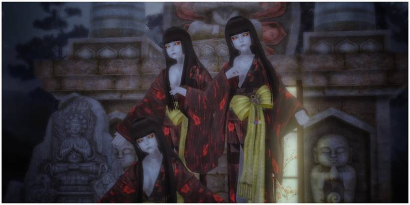 Dolls in front of shrine.