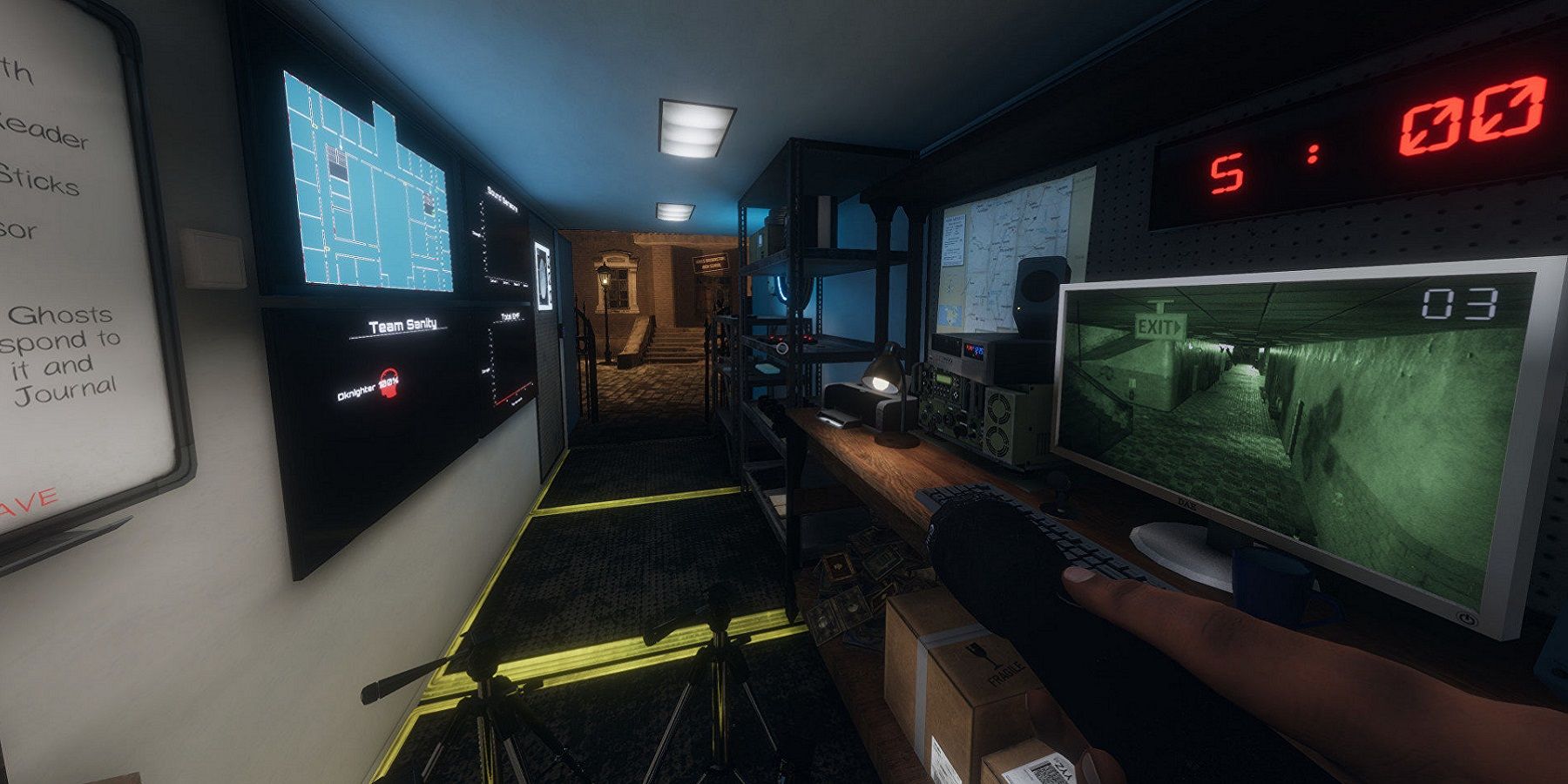 A screenshot from Phasmiphobia showing the inside of the truck at the start.