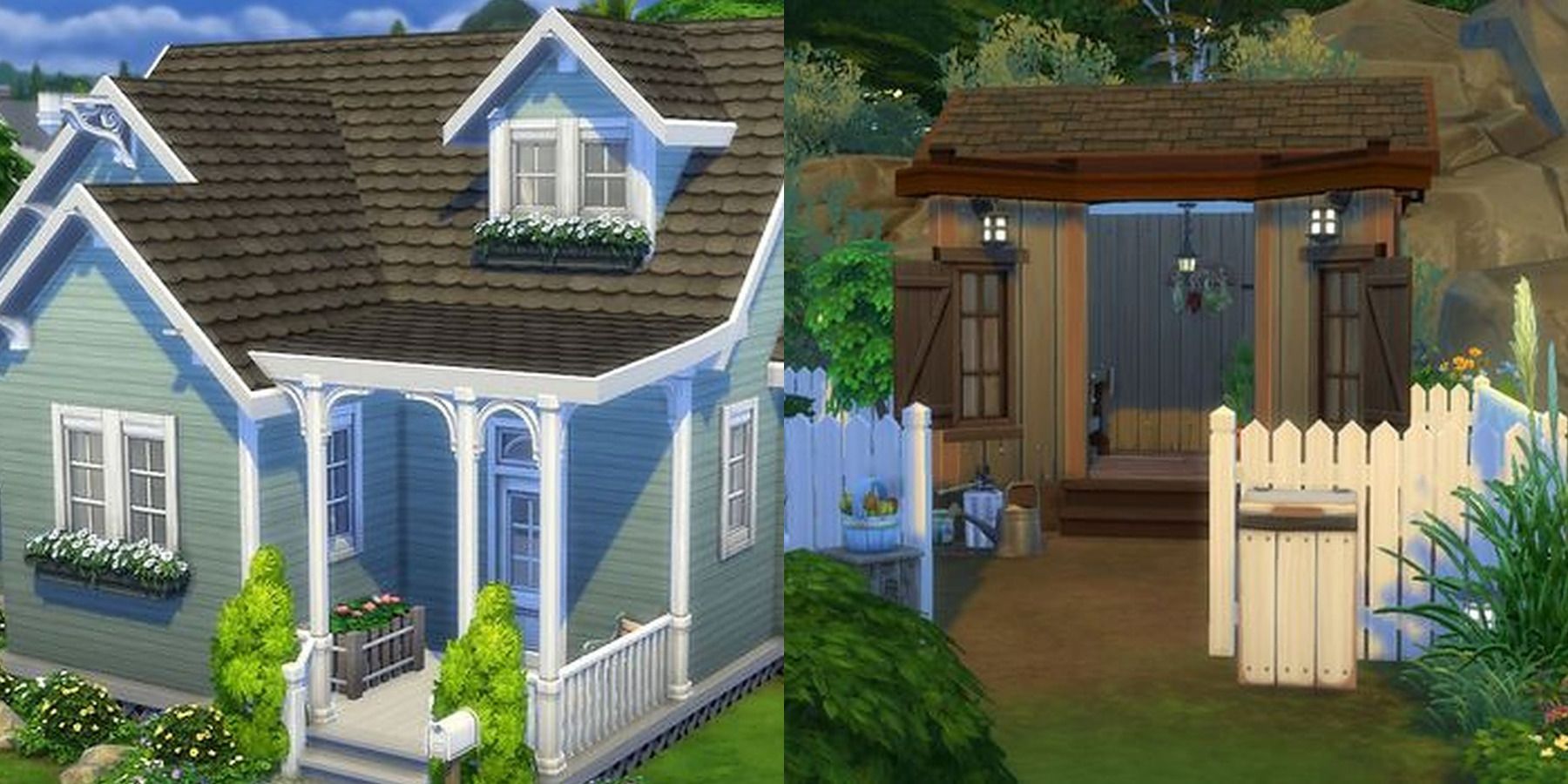 the sims 4 building houses feature split image house with a porch and a garden shed