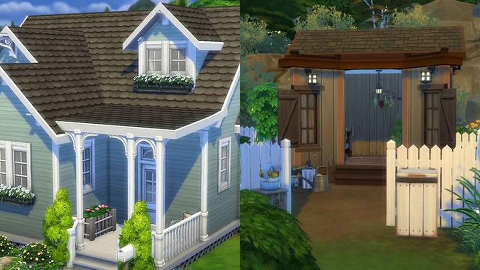 the sims 4 building houses feature split image house with a porch and a garden shed