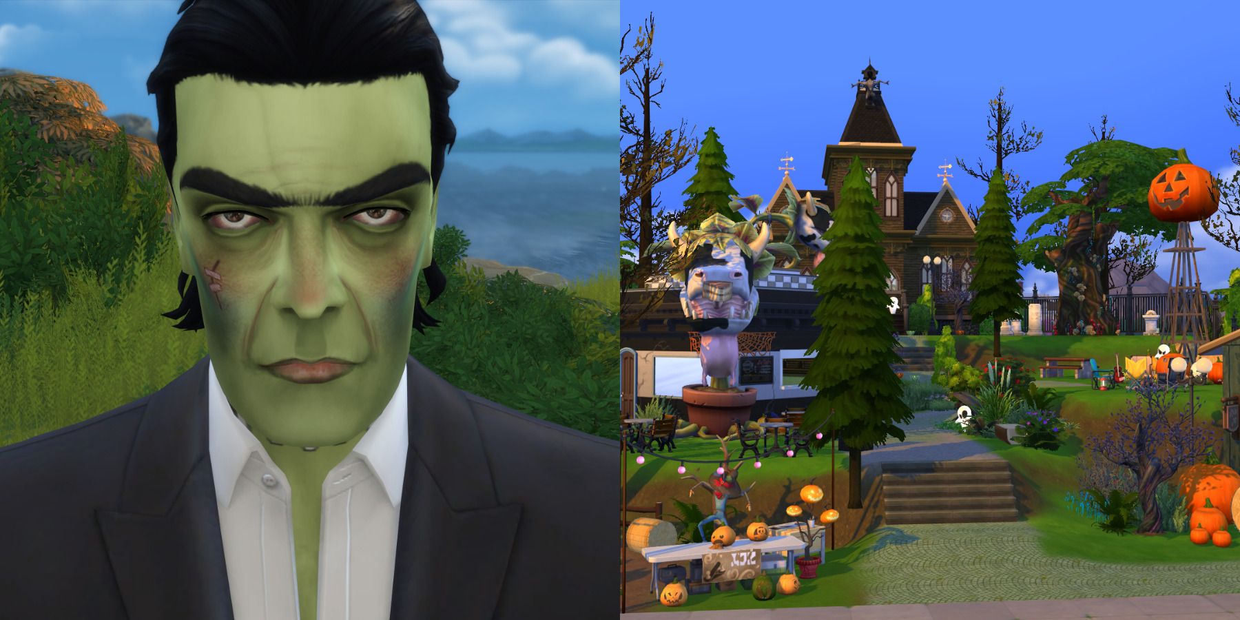 The Sims 4 Halloween CC feature split image Frank N. Stein and Halloween village