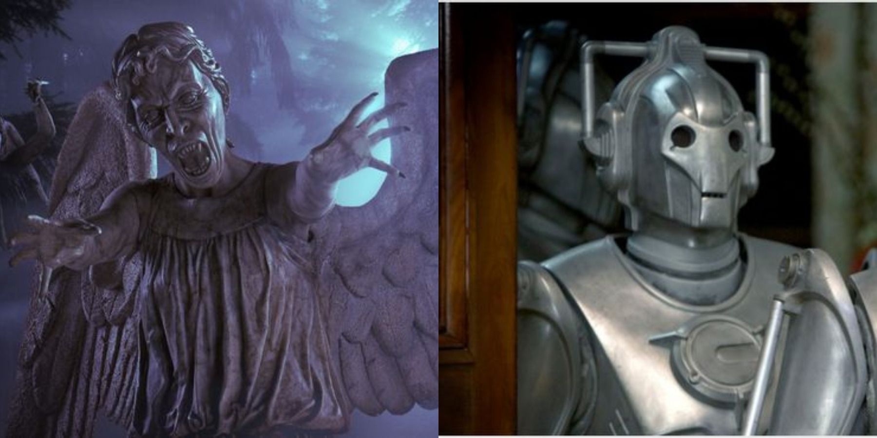 Doctor Who villains feature split image Weeping Angels and Cybermen