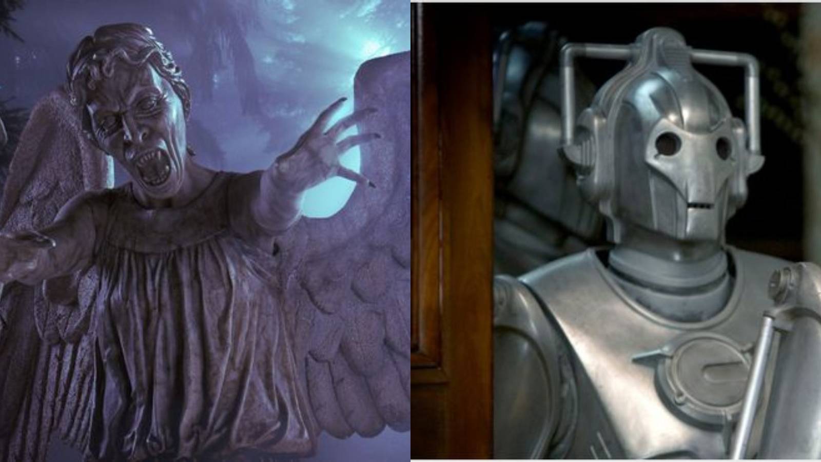 Doctor Who villains feature split image Weeping Angels and Cybermen