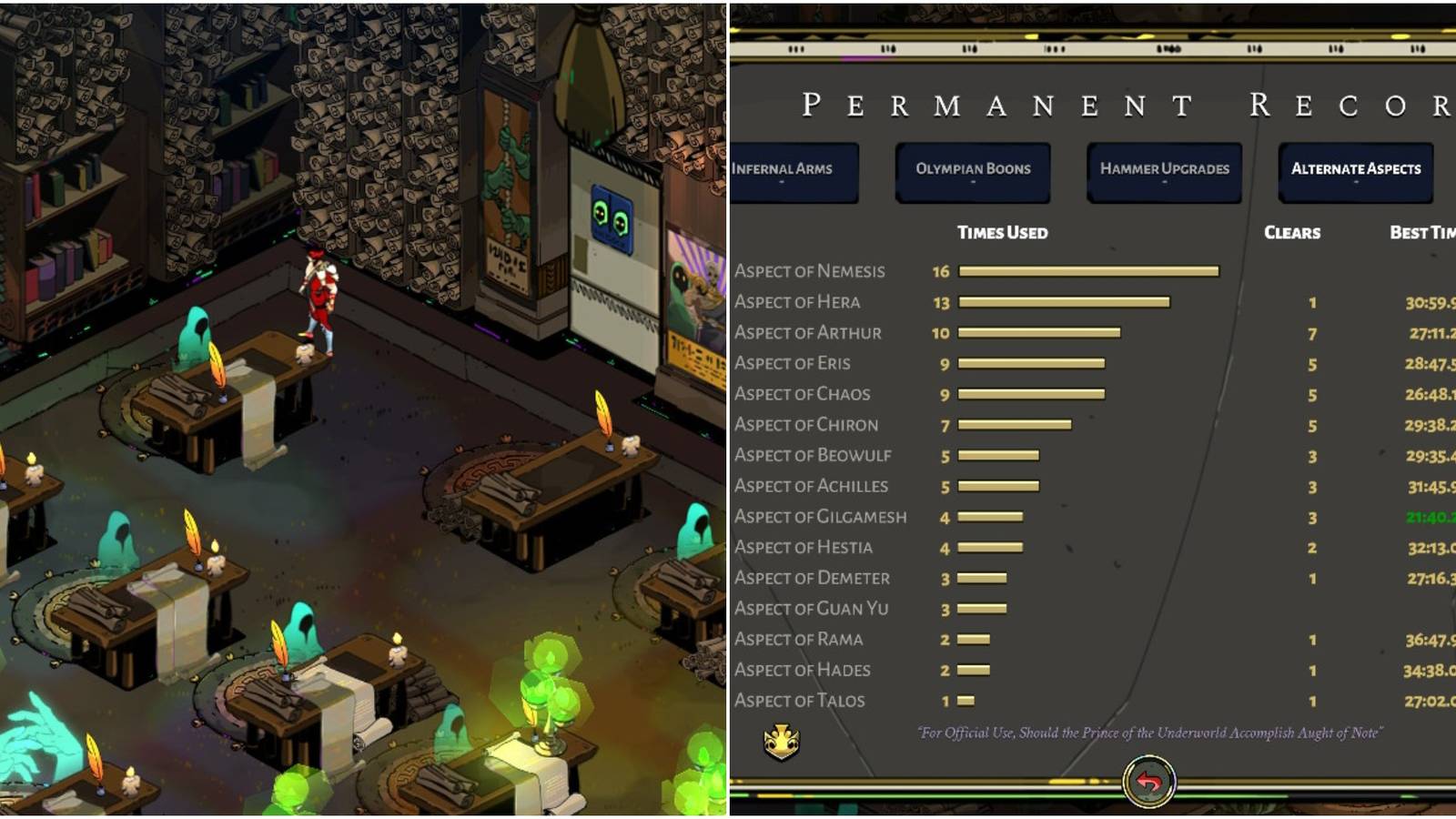 Left: Zag in the admin chamber; right: Permanent Record stats