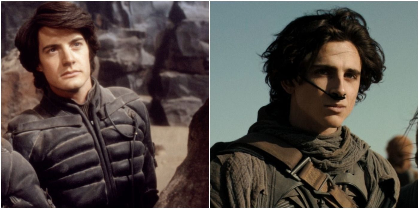 Split image of Kyle MacLachlan and Timothee Chalamet in the 1984 and 2021 versions of Dune