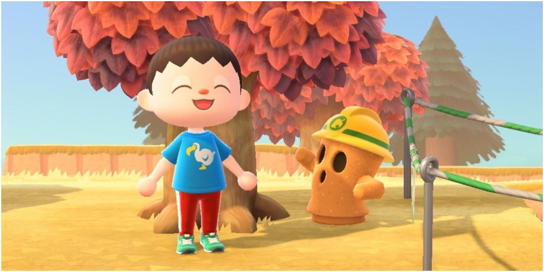 Villager next to gyroid in construction hat. 