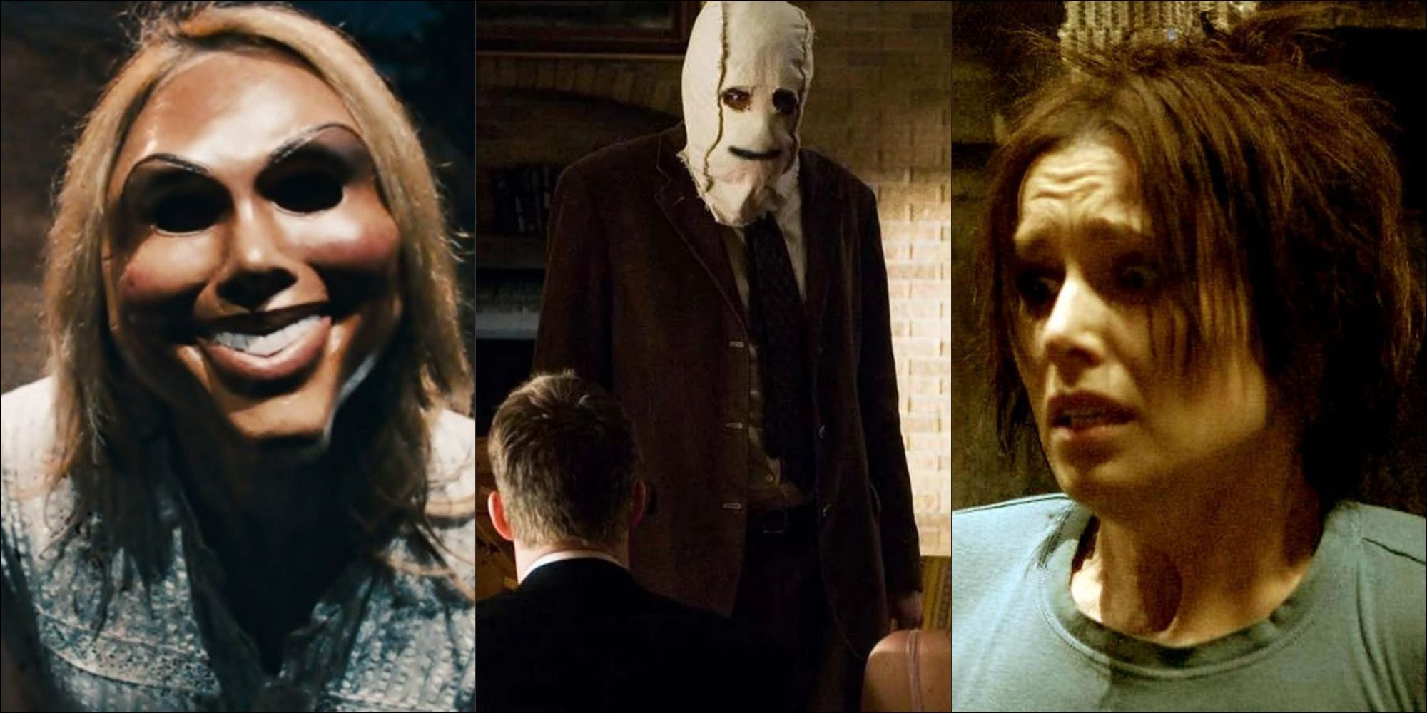 Close-up of the masked villains from The Purge and The Strangers and Amanda from Saw II