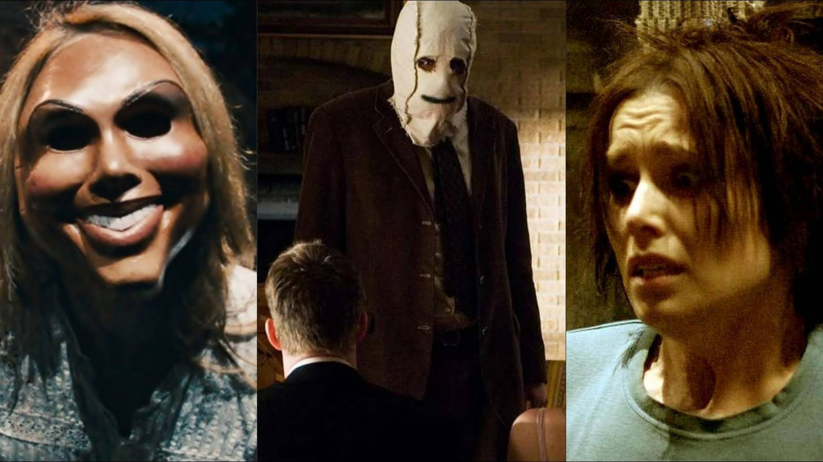 Close-up of the masked villains from The Purge and The Strangers and Amanda from Saw II