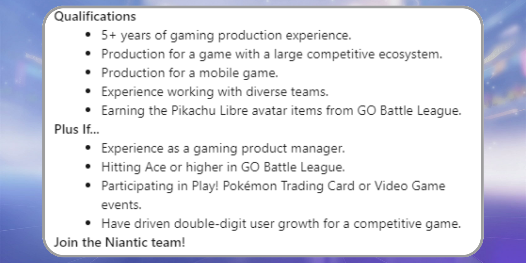 pokemon go niantic qualifications for working on combat for the game