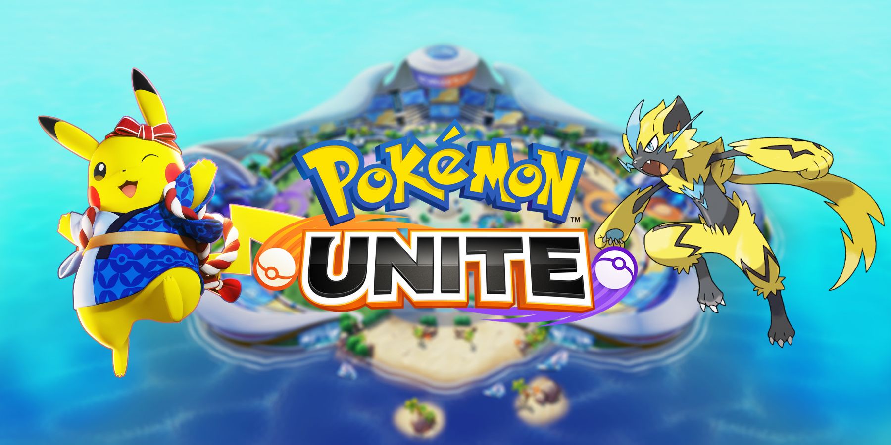 The Pokemon Unite logo is in the center with Pikachu in its Festival Style Holowear on the left and Zeraora on the right.