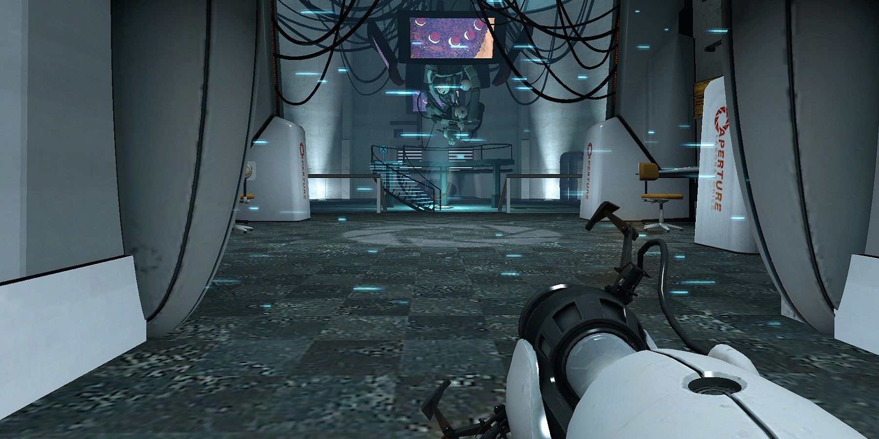 Screenshot from Portal showing the player entering GLaDOS's chamber.