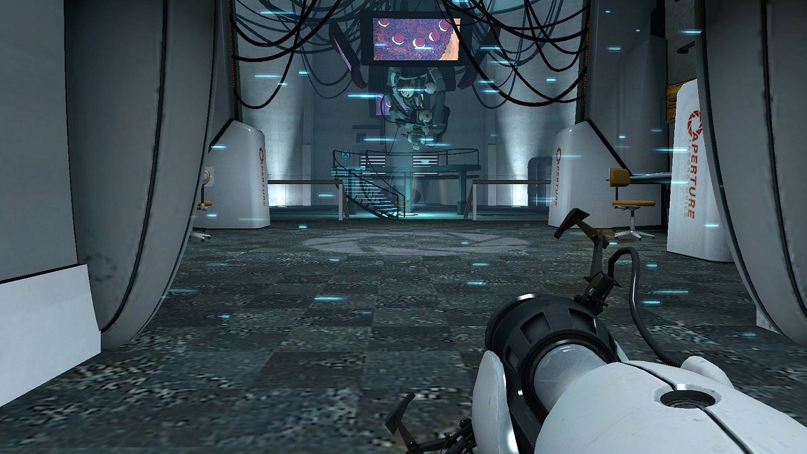 Screenshot from Portal showing the player entering GLaDOS's chamber.