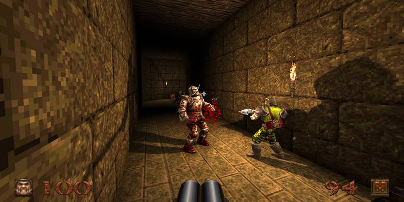 An image from Quake showing two players taking on a Knight.