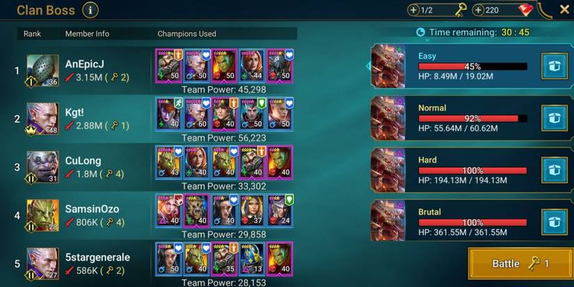 Screenshot of clan list page on the Raid Shadow Legends game.