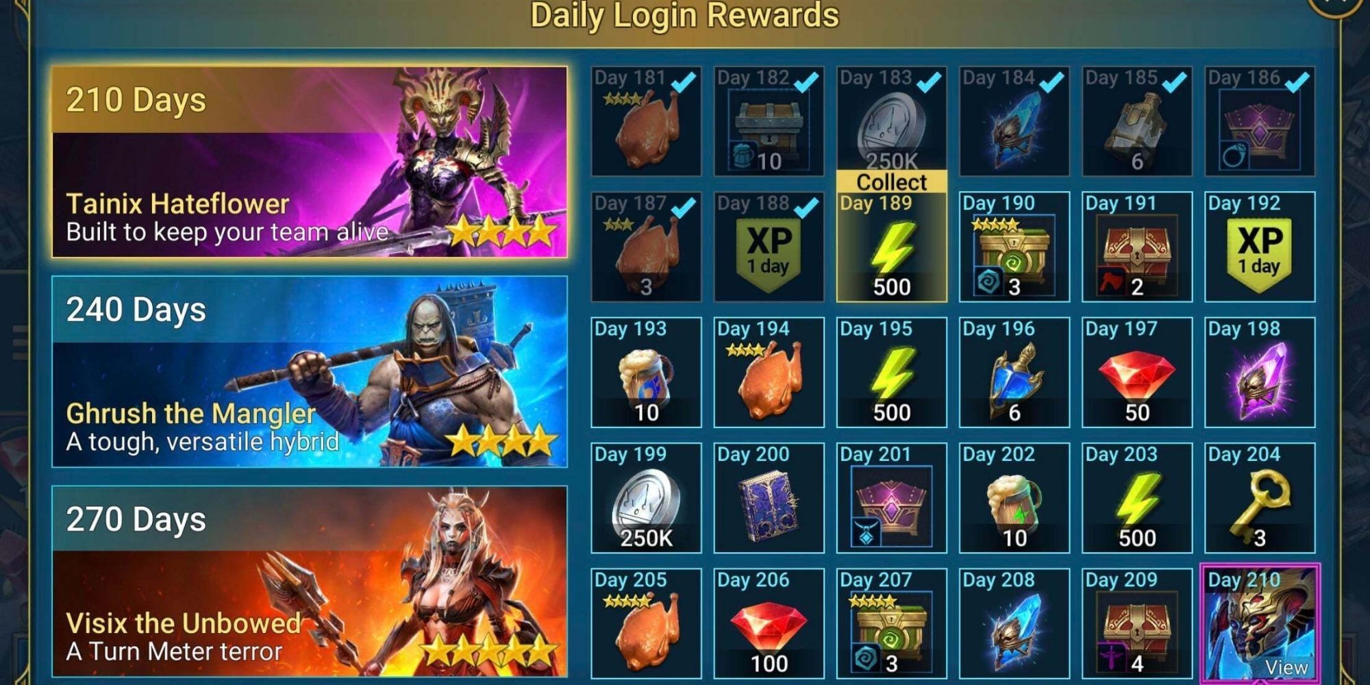 Screenshot of the daily rewards from Raid Shadow Legends.