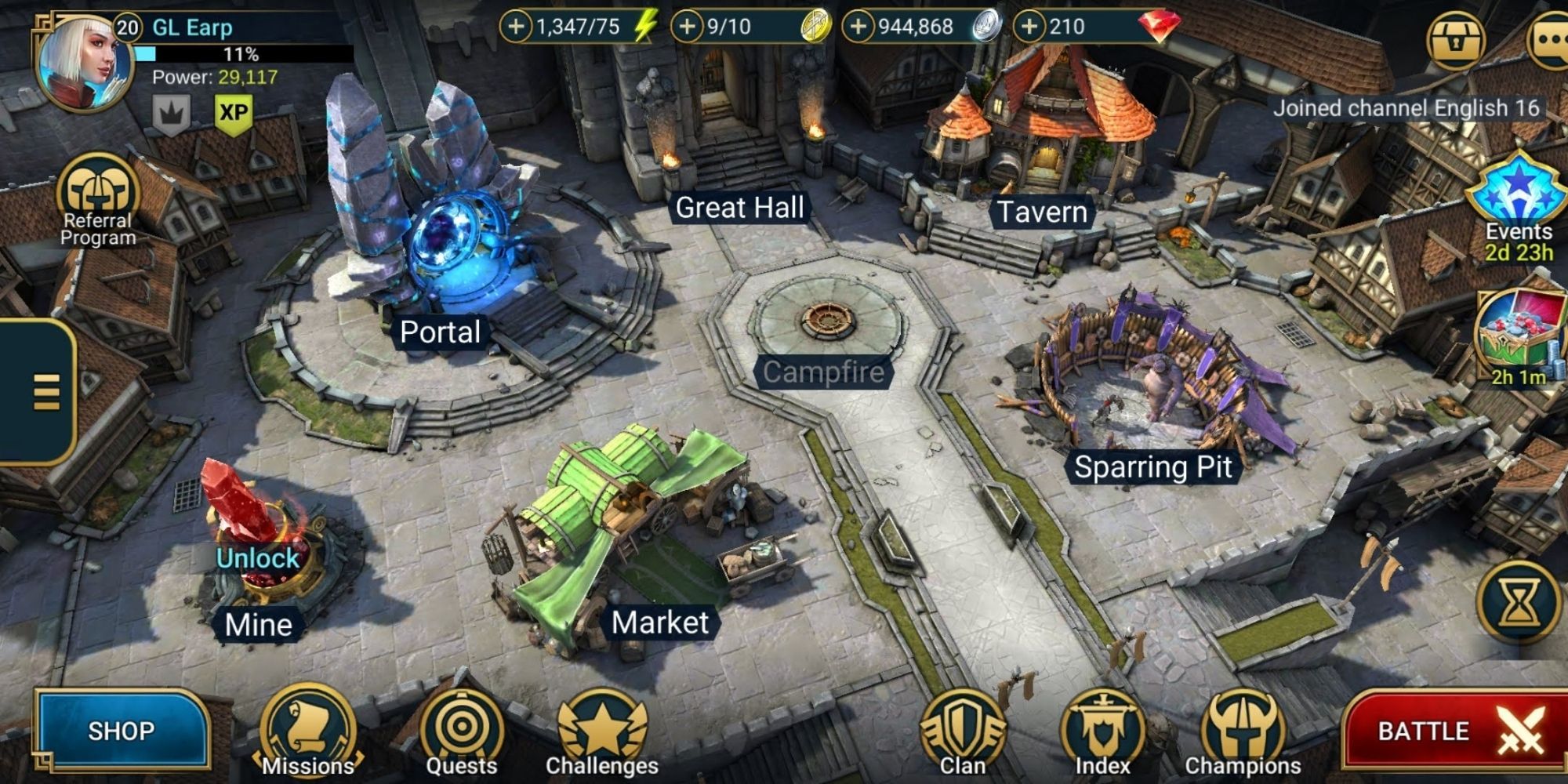 Screenshot of the main screen from Raid Shadow Legends. 