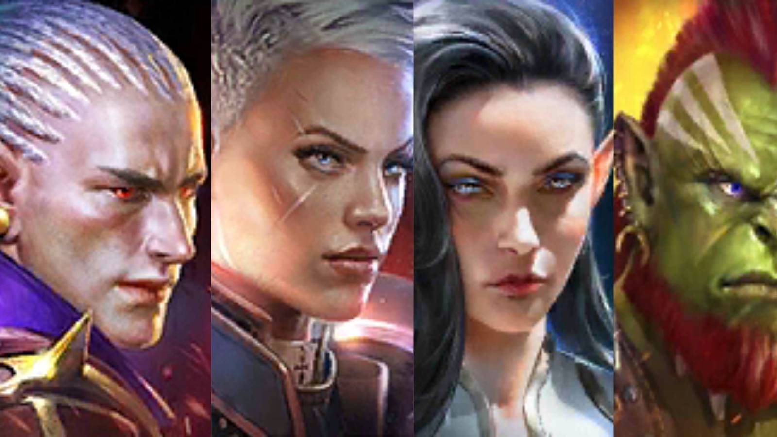 Split image of Kael, Elhain, Athel, and Galek from the game Raid: Shadow Legends.