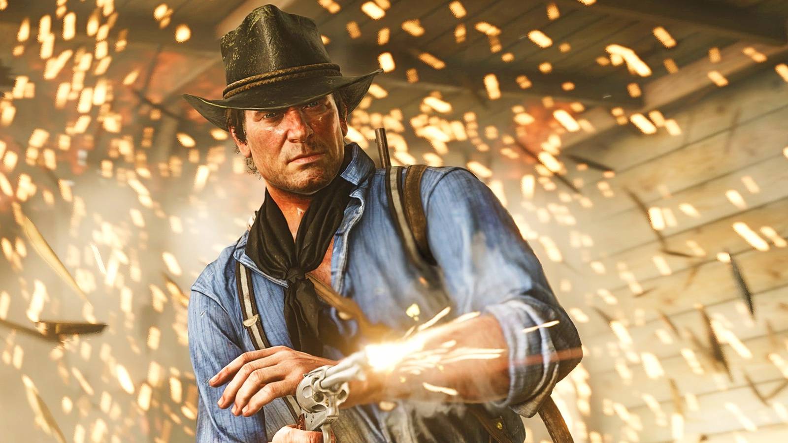 Arthur Morgan shooting his revolver