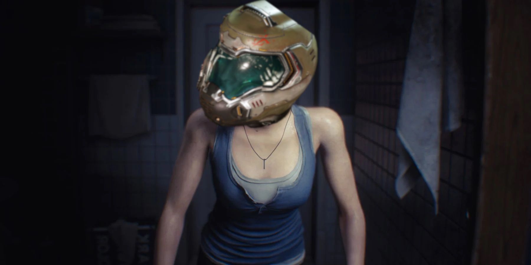 Screenshot from the Resident Evil 3 remake showing Jill wearing a Doom Slayer helmet.