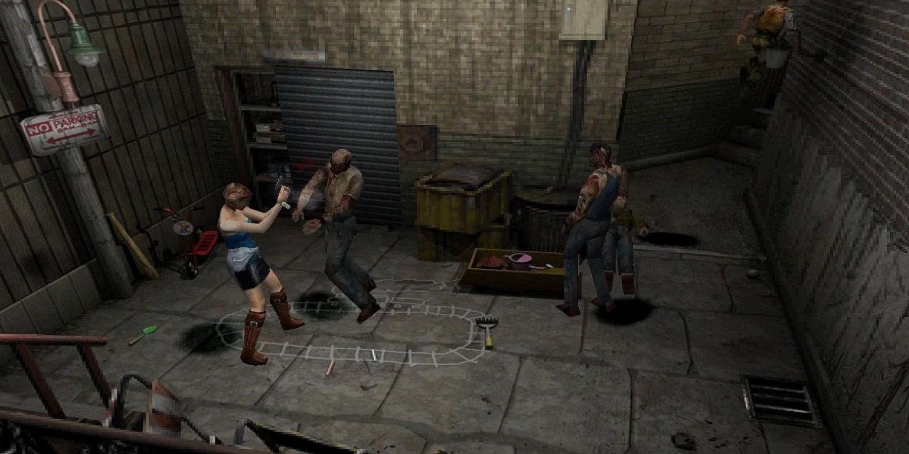 A screenshot from the original Resident Evil 3 showinf Jill shooting a zombie as Carlos runs off in the background.