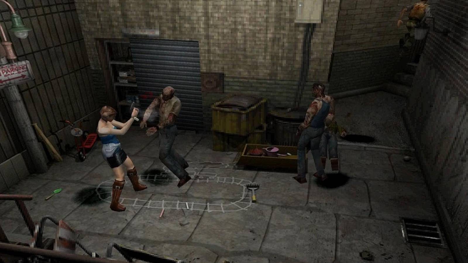 A screenshot from the original Resident Evil 3 showinf Jill shooting a zombie as Carlos runs off in the background.