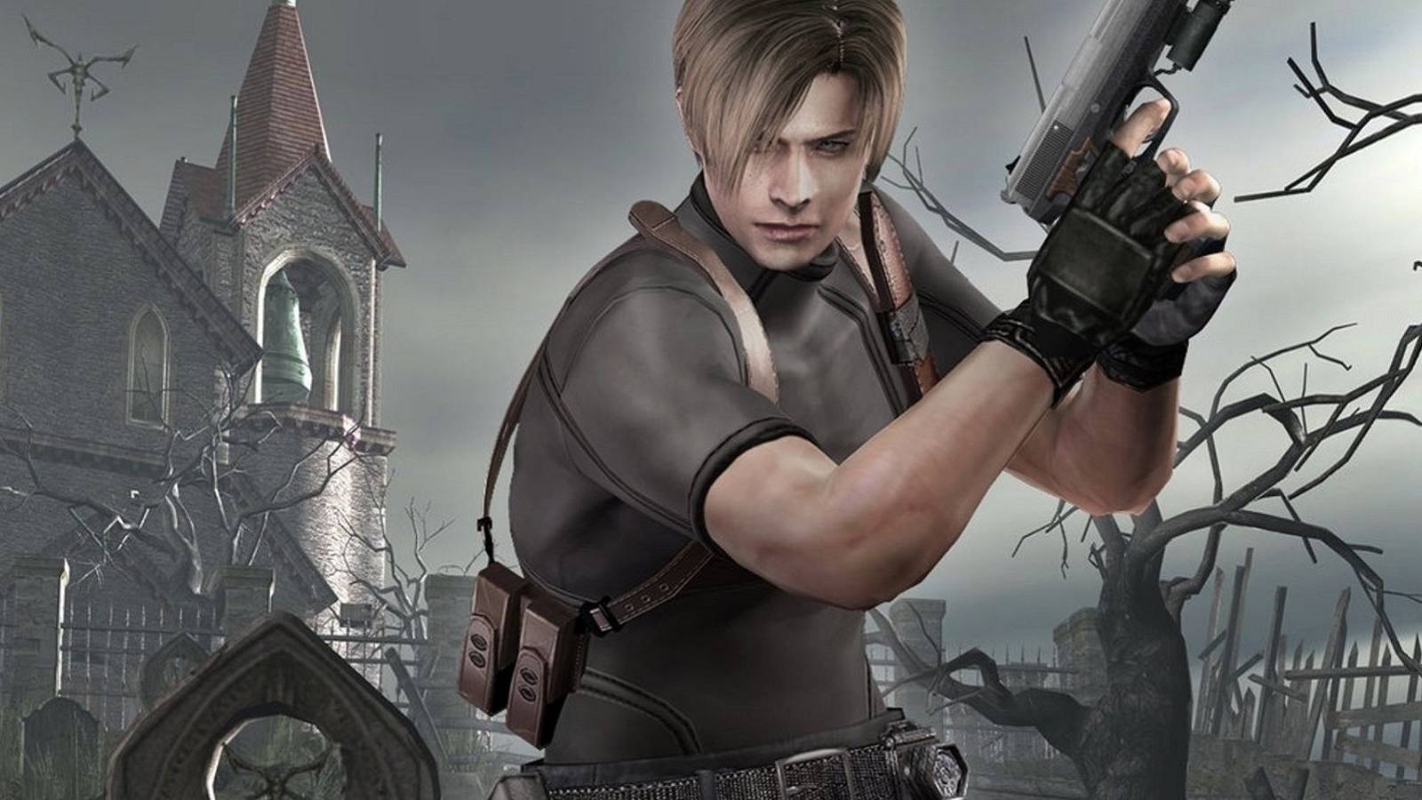 An iage from Resident Evil 4 showing a mid shot of Leon with his back to the church and graveyard.