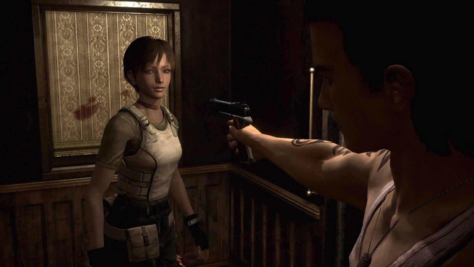 resident evil zero billy point gun at rebecca