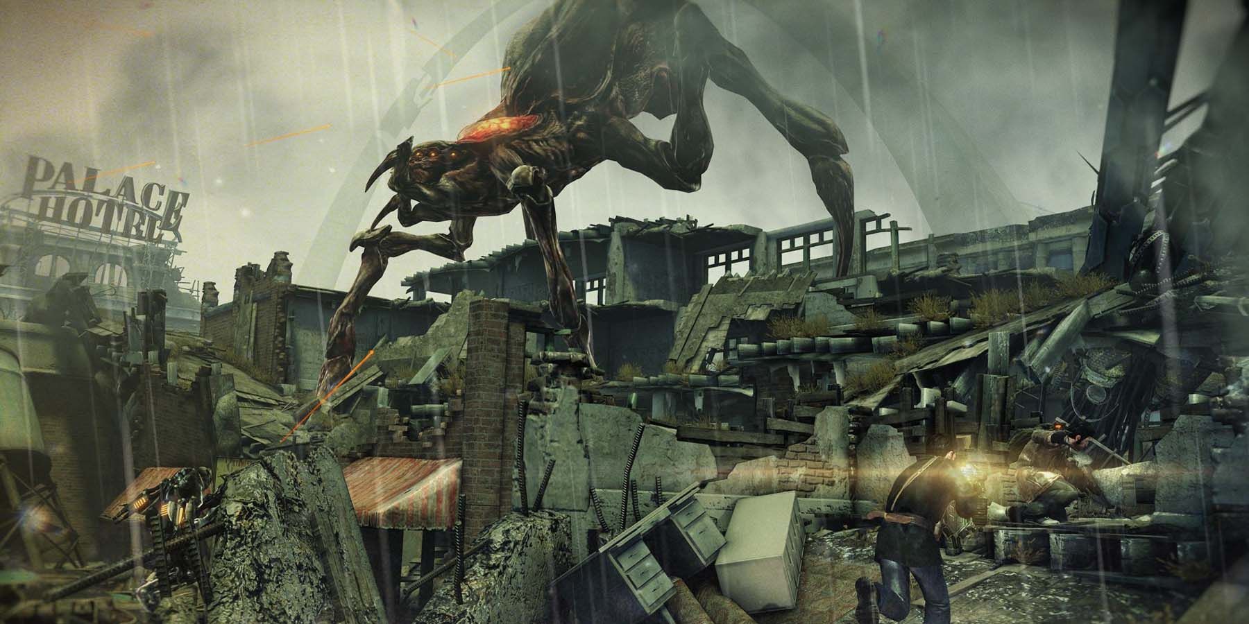 A large alien creature stalks through a destroyed city in the rain