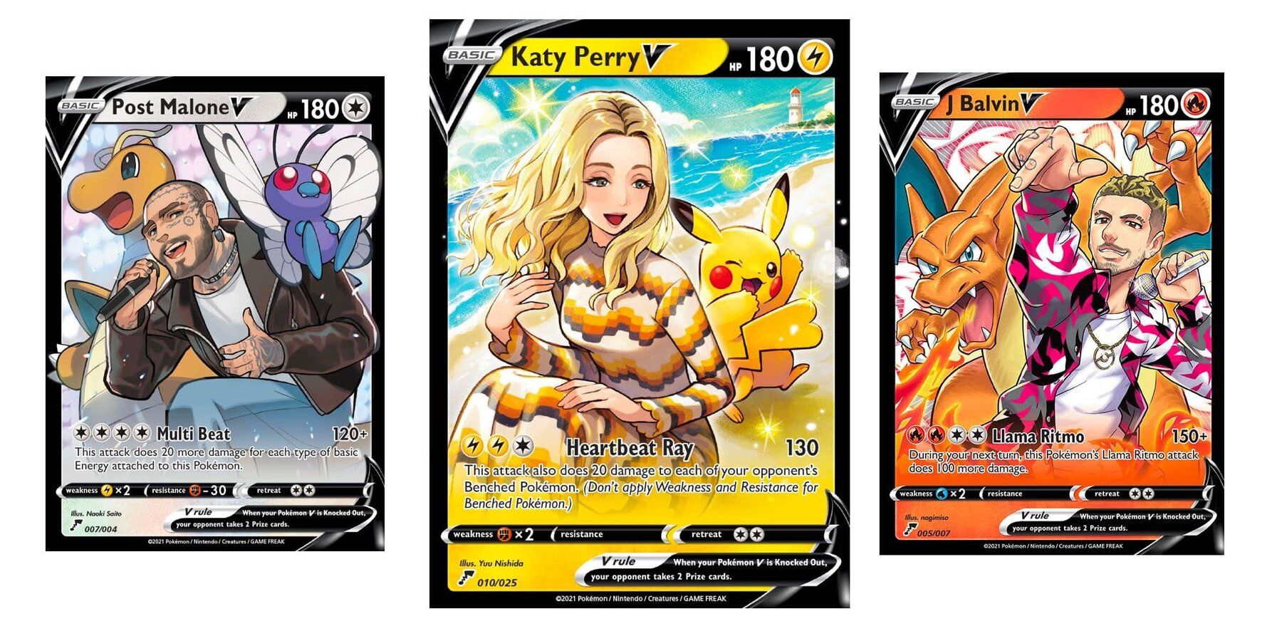 Карточки Pokemon V с участием Поста Мэлоуна, Кэти Перри и Джей Бэлвина